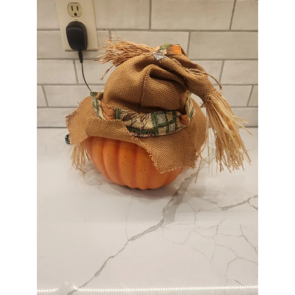 Vtg. Halloween Scarecrow Fall Pumpkin Fiber Optic Color Changing Jack O Lantern
